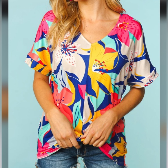 Prep Obsessed Lilly Tropical Floral Pop Drop Shoulder Top - Navy & Yellow - Picture 6 of 9